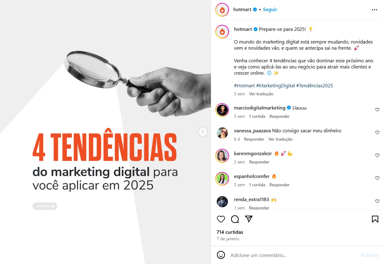 print de um post da hotmart com uma lupa ilustrando 4 tendências de marketing digital, exemplo de como usar seo no instagram