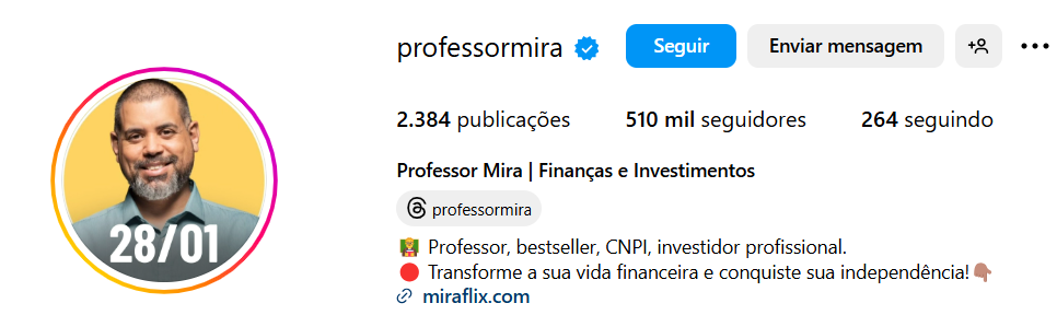 print do perfil no instagram do professor mira como exemplo de como usar seo no instagram